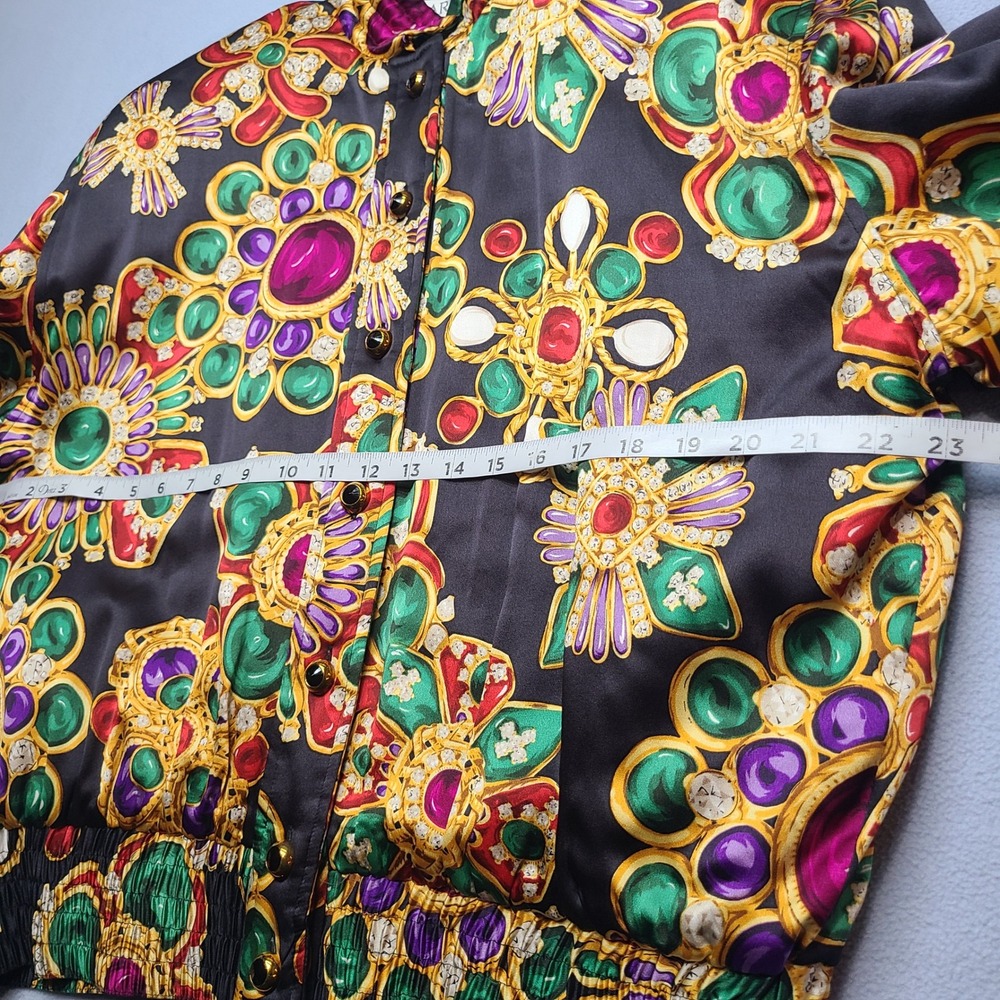 Carlisle Silk Bomber Jacket Womens 6 Black Excellent Vintage Jewel Print Quilted - Picture 3 of 7